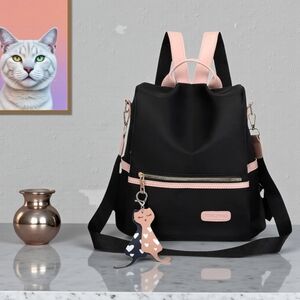 Black & Pink Anti-Theft Backpack Convertible Bag + Removable Strap & Cat Charm